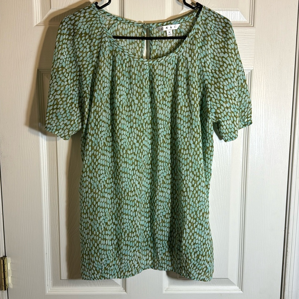 CAbi Blouse blue, green pebble pattern sheer lightweight‎